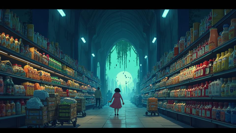 Haunted Whispers of War , Wonder, inside of a Energetic supermarket, anime art by Studio Ghibli