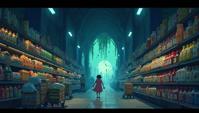 Haunted Whispers of War , Wonder, inside of a Energetic supermarket, anime art by Studio Ghibli