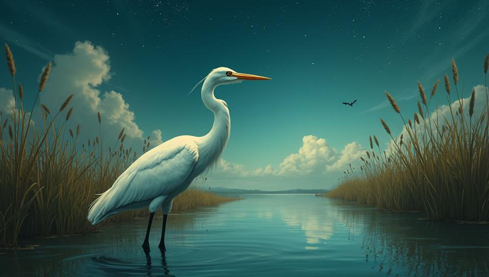 art by William Hogarth , Cinematic still, Great Egret, it is Dreamy
