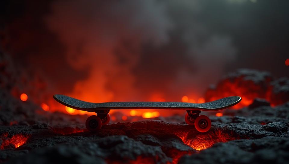 VRay, Inconsiderate Skateboard , it is anthropomorphic with a face, lava pit