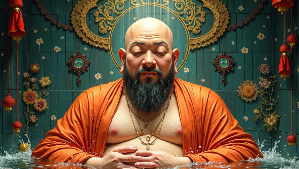 vibrant art by Victo Ngai and Magali Villeneuve, portly Buddha, Buddha is Bathing in a Shower, he is very Anime