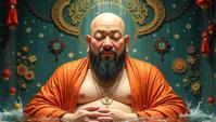 vibrant art by Victo Ngai and Magali Villeneuve, portly Buddha, Buddha is Bathing in a Shower, he is very Anime