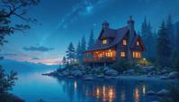 popular art by Ross Draws , Pirate Lake House , anthropomorphic with a face, made from Cassiopeia constellation