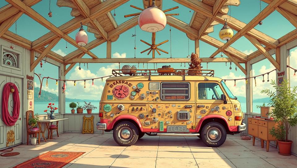 whimsical art by Kaja Foglio and Wes Anderson , detailed and delicate brushwork, Utility van , covered in Decals