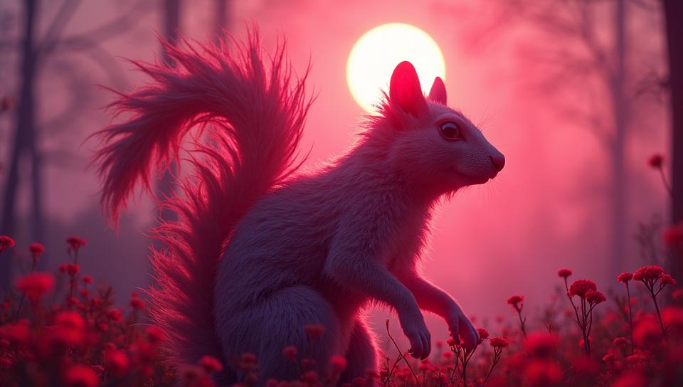 Game art, close up shot of a Horned Bewitching electric pink and Acid colors creature Squirrel , Sun in the sky, in focus