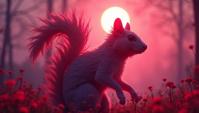 Game art, close up shot of a Horned Bewitching electric pink and Acid colors creature Squirrel , Sun in the sky, in focus