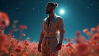 Futuristic hefty Egyptian Tyler Hoechlin , he is wearing a s Science Fiction fashion style Evening wear, he has Caramel hair styled as Milkmaid braid, flower field