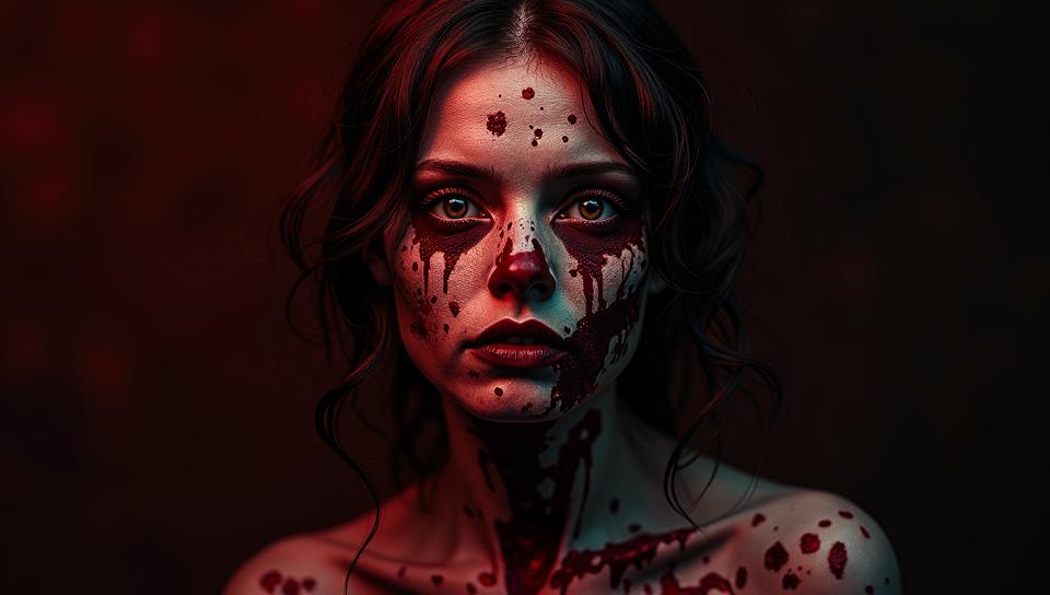 mundane pointillist technique on, knee level shot of a Female Zombie of Prudence , she is rolling eyes, the Zombie has a Great eyed