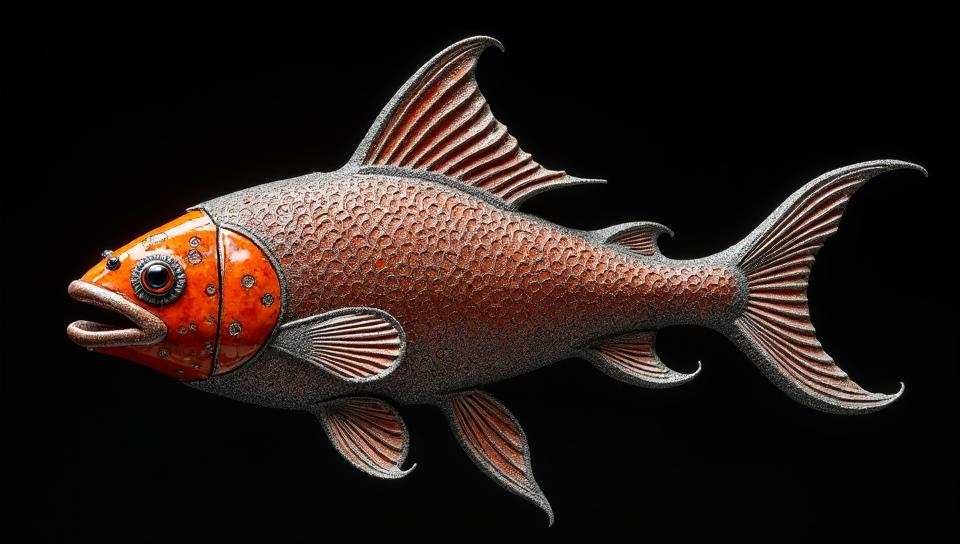 In Silver Chainmail and Obsidian Inlays material, this sculpture portraying a Firefish , it is S It is evoking the feeling of being Happy , grand illumination