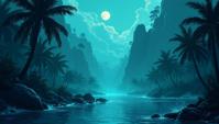 landscape of a Riverrun and Mythical Underwater city, it is very Tropical, comics art designed by Guillaume Sorel, Simple illustration