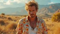textile art stylized by Brandon Mably, Chris Pine , Landscaping, he is dressed in Lightcore fashion style torn shirt