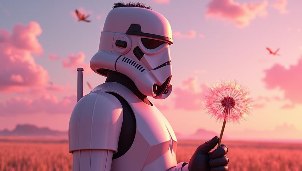 Psychotic lanky Pakistani Stormtrooper with Mauve skin, Starfleet captain, Undercut hairstyle, fall beach with Dandelion