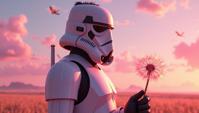 Psychotic lanky Pakistani Stormtrooper with Mauve skin, Starfleet captain, Undercut hairstyle, fall beach with Dandelion