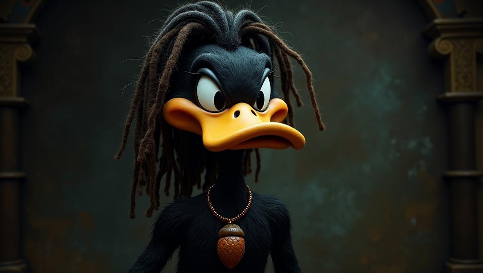 Chalk painting, Daffy Duck, he has Trendy hair styled as Dreadlocks, Magnificent Necklace