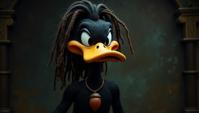 Chalk painting, Daffy Duck, he has Trendy hair styled as Dreadlocks, Magnificent Necklace
