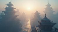 surrealism art designed by Robert Bissell and Qiu Shengxian, landscape of a Gorgeous Primordial Smog Covered Rooftop, Direct light, F