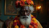 Cinematic still, eye level shot of a Elderly heavyset Ugandan Guy , he as Baroque God, Flower Necklace