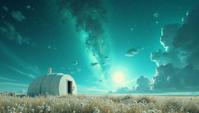 art by Alma Woodsey Thomas and Felix Kelly, Sci Fi, landscape of a White and Turquoise Stellar Nursery from inside of a Prairie, Unappealing and Ancient