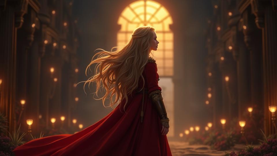 Anime, rear angle of a Complex Dreamlike Jennifer Morrison Hobbit , very happy, Knight