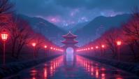 stylized by Brandon Woelfel, landscape of a Refined Koshi Tappu from inside of a Great Wall of China, city street, Awe
