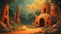 designed by Victor Brauner , landscape of a Whispering Hollow Village of the Hidden Voices, Wonderful, Visual novel