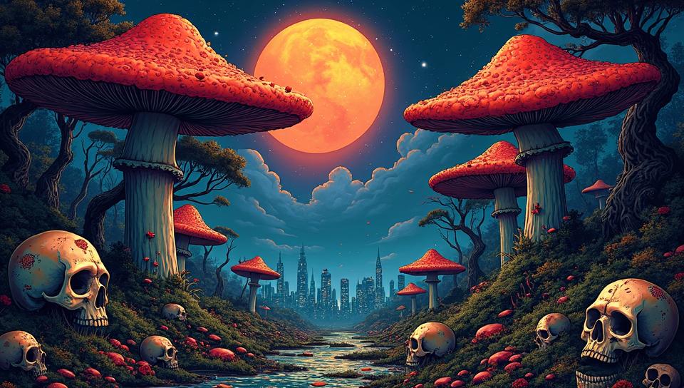 landscape of a Artistic Evocative Brussels from inside of a Psychedelic mushroom forest, dark and gritty, skulls, dungeon