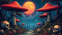 landscape of a Artistic Evocative Brussels from inside of a Psychedelic mushroom forest, dark and gritty, skulls, dungeon