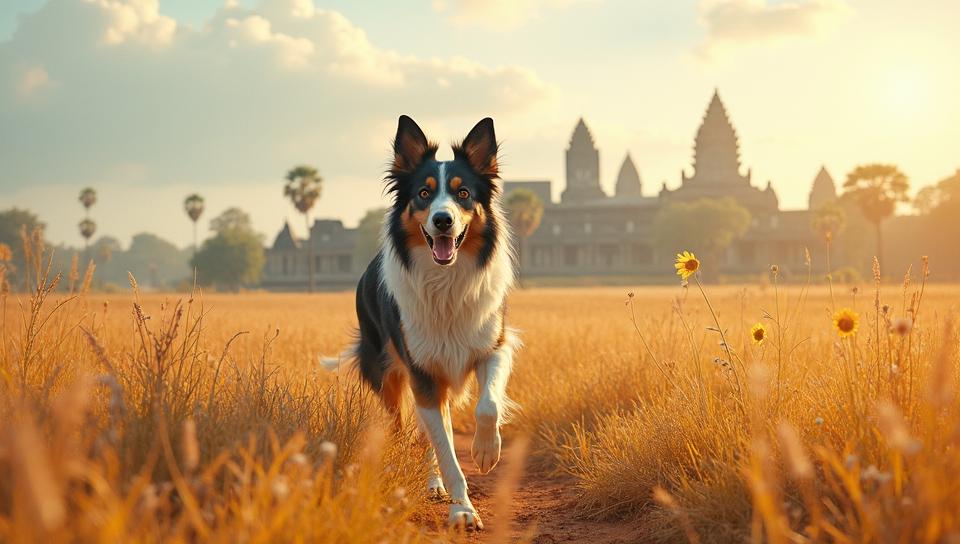 field, Magnificent Australian Shepherd , inside a Angkor Wat, Futurism