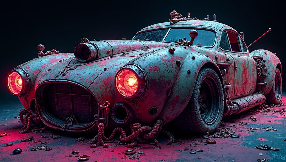uncanny caliginous vision of, Car Surfboard , Sculptural Furious , it is covered in Ink