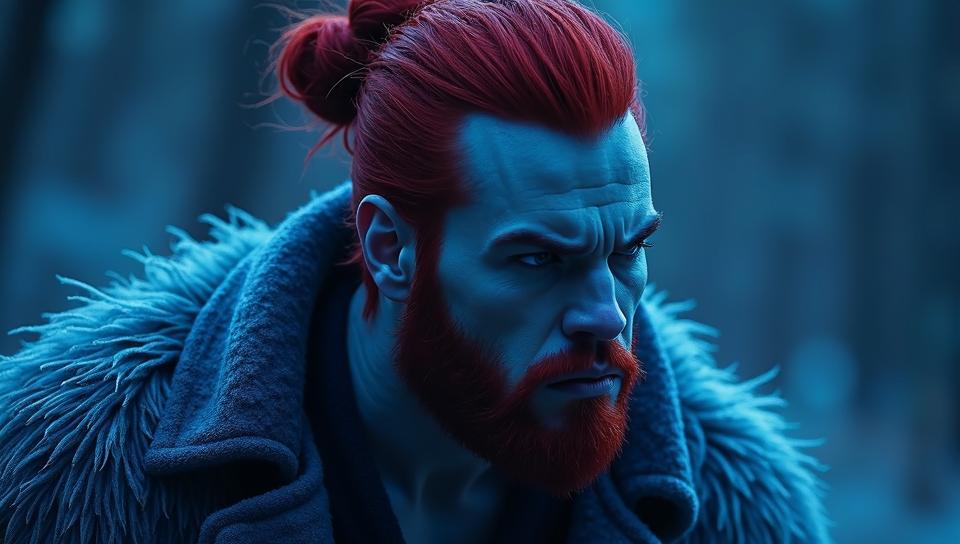 dark art stylized by Park Chan Wook , Vector Art, embossing of a Stylish burly Male Frost giant, very annoyed