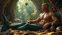 elegant, Male Mermaid, nose of Arnold Schwarzenegger, lips of Anthony Hopkins