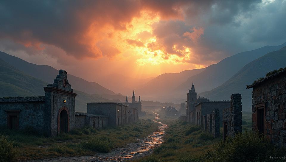 stylized by Loish, stylized, landscape of a Eclectic Ruined Quito and The Seven Kingdoms, Stormy weather