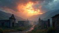 stylized by Loish, stylized, landscape of a Eclectic Ruined Quito and The Seven Kingdoms, Stormy weather