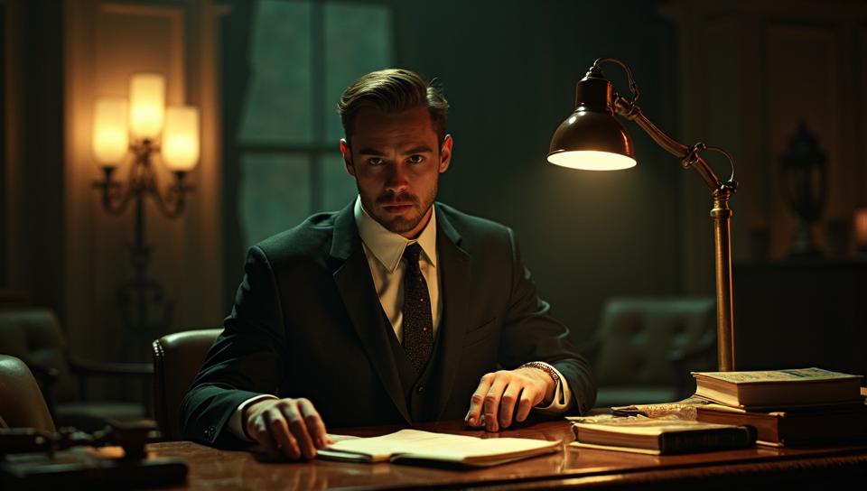 Darkcore, stylized, Art Deco Guy Secretary, the Guy is Passionate and Striking
