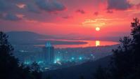 landscape of a S SuburbiThe Ringed City and Bioluminescent bay, at Sunset, stylized by Ismail Inceoglu, Jean Dupas