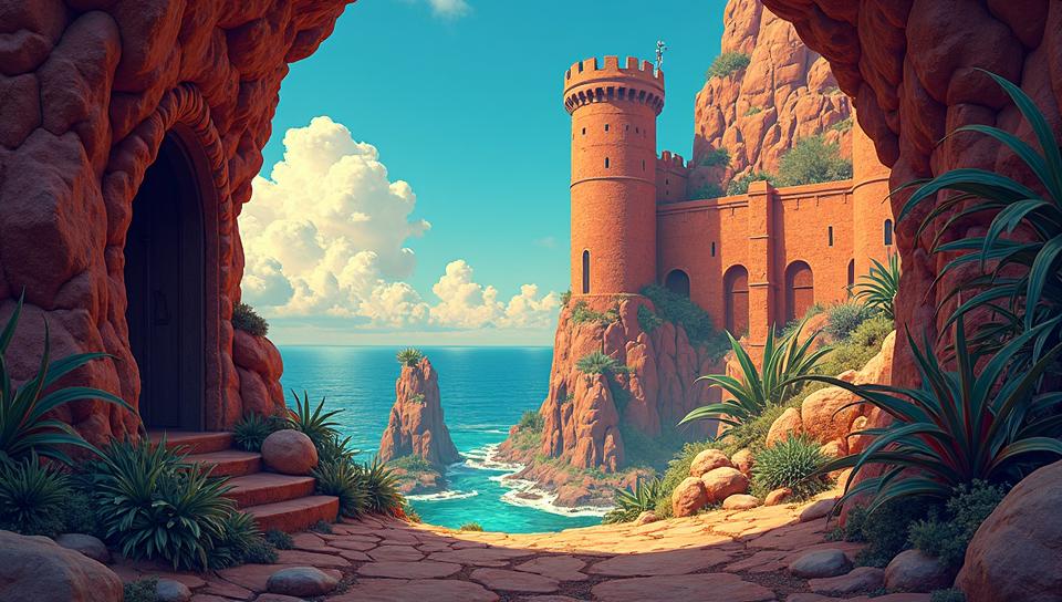 Princecore, detailed and realistic style, landscape of a Techno District Digital Walkway from inside of a Sea fort, art by Kilian Eng