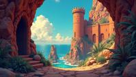 Princecore, detailed and realistic style, landscape of a Techno District Digital Walkway from inside of a Sea fort, art by Kilian Eng
