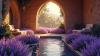 Bavarian dungeon, over the shoulder shot of a Flat Lavender , from inside a Spa, soft focus