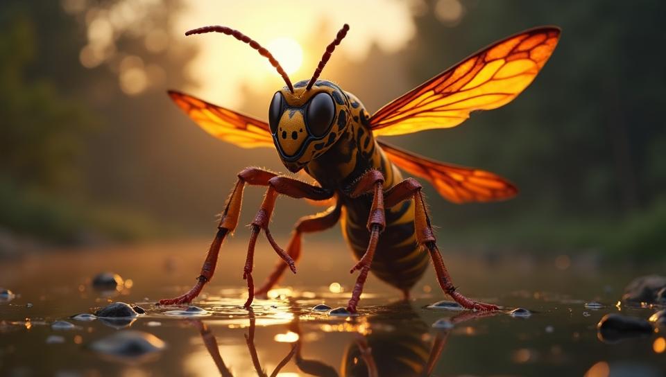Wasp with cheetah print clothes, very Macho, pond in background, at Overcast