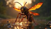 Wasp with cheetah print clothes, very Macho, pond in background, at Overcast