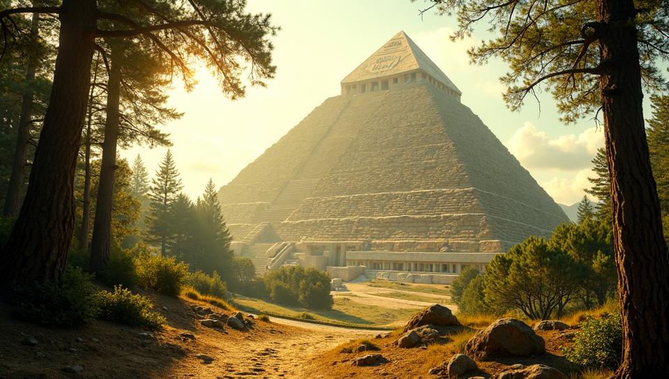 stylized, Hateful Maori Great Pyramid of Giza, from inside The Mirkwood Forest, Sunny