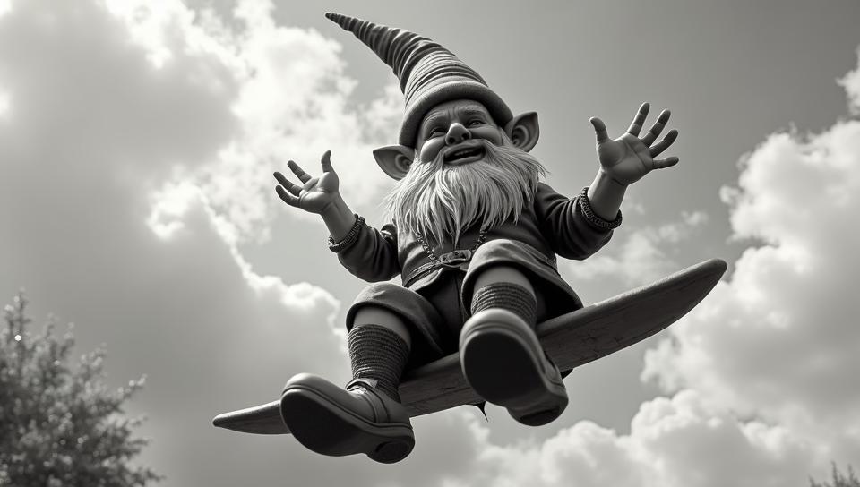 Roma Male Gnome, Fantastical and Handsome, Hang gliding, wearing Laplap Swim trunks