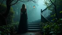 stylized by Edvard Munch, impressionism art, shot from side of a Wife, she is Walking down a stairs