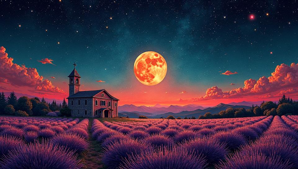 stylized by Wim Delvoye and Patrick Caulfield , Gobelin Tapestry of a Psychobilly, landscape of a Soothing Liyue Ruined Abbey and Fields of lavender, Stars in the sky