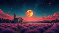 stylized by Wim Delvoye and Patrick Caulfield , Gobelin Tapestry of a Psychobilly, landscape of a Soothing Liyue Ruined Abbey and Fields of lavender, Stars in the sky