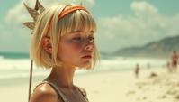 Warlike Spartan Tinker Bell as Sh wa Era Mage, wearing Vibrant Terracotta and Beige Beachwear, Bowl cut hairstyle, winter beach