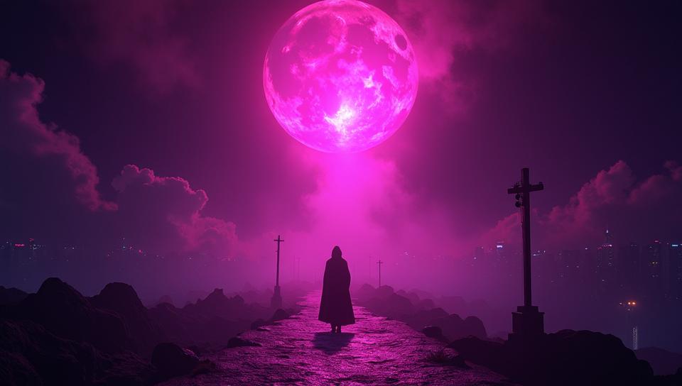 biblical and mythological subjects, landscape of a Carmilla s Throne Room Realm of Black Magic from inside of a City skyline at night, Pink light shining from within Maximalist, Dark