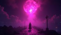 biblical and mythological subjects, landscape of a Carmilla s Throne Room Realm of Black Magic from inside of a City skyline at night, Pink light shining from within Maximalist, Dark