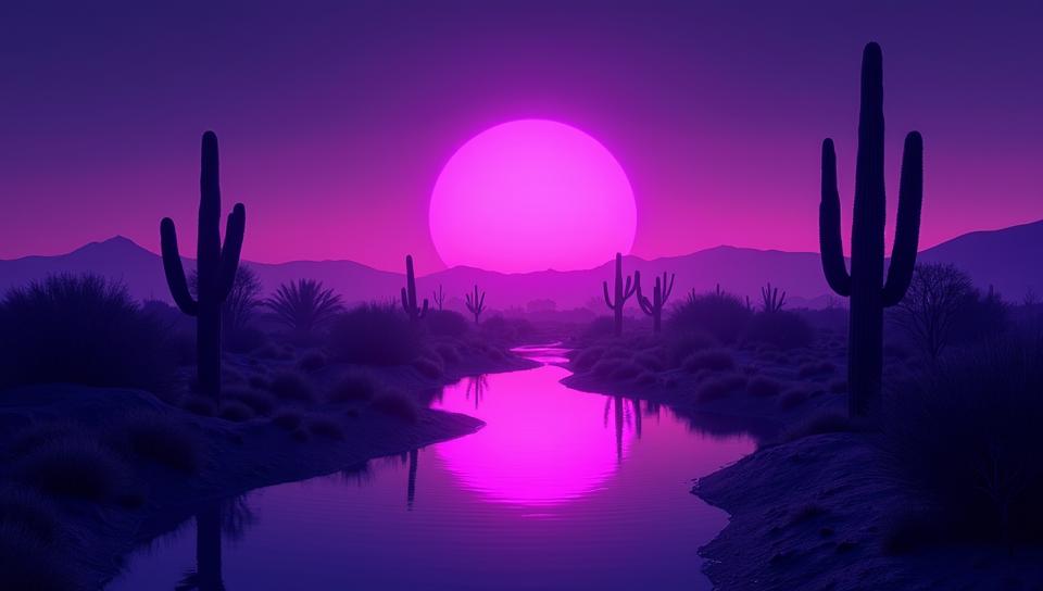 Raw digital photo, landscape of a Realistic Neon Skyline and Malian Desert oasis, pond, Fall