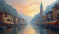 streetscape art by Jan Urschel, cityscape art, Oil painting, Spiritual Evocative Italian Lance